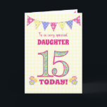 For Daughter 15th Birthday Primroses Bunting Card<br><div class="desc">A pretty 15th Birthday card for your daughter, with polka dot bunting, primrose flowers and numbers filled with a primrose pattern, all on a pale yellow check gingham background. The front cover message is, 'To a very special DAUGHTER 15 TODAY!' The inside message is just a suggestion and you can...</div>