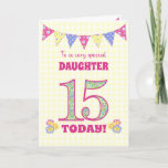 For Daughter 15th Birthday Primroses Bunting Card<br><div class="desc">A pretty 15th Birthday card for your daughter, with polka dot bunting, primrose flowers and numbers filled with a primrose pattern, all on a pale yellow check gingham background. The front cover message is, 'To a very special DAUGHTER 15 TODAY!' The inside message is just a suggestion and you can...</div>