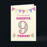 For Daughter 9th Birthday Primroses Bunting Card<br><div class="desc">A pretty 9th Birthday card for your daughter, with polka dot bunting, primrose flowers and numbers filled with a primrose pattern, all on a pale yellow check gingham background. The front cover message is, 'To a very special DAUGHTER 9 TODAY!' The inside message is just a suggestion and you can...</div>