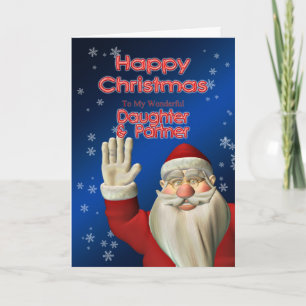 For daughter and partner, a Santa waving Holiday Card
