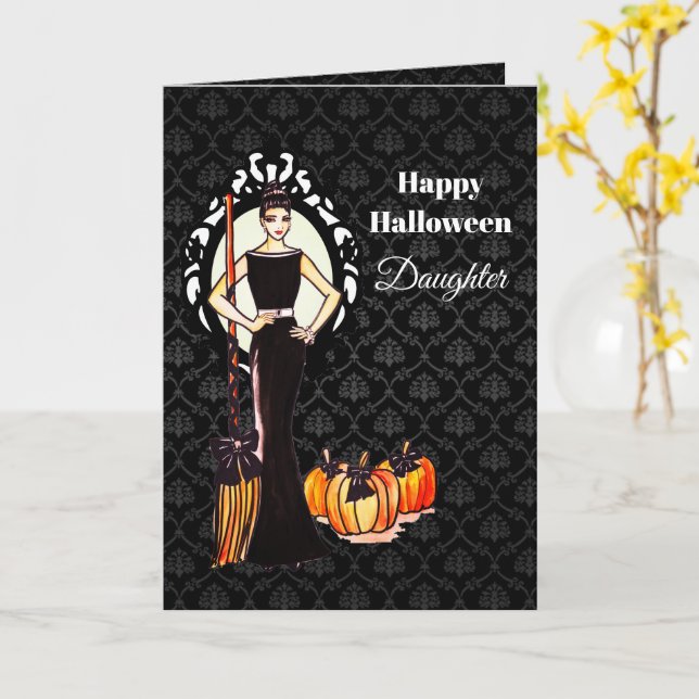 For Daughter on Halloween Lady Witch with Broom Card (Yellow Flower)