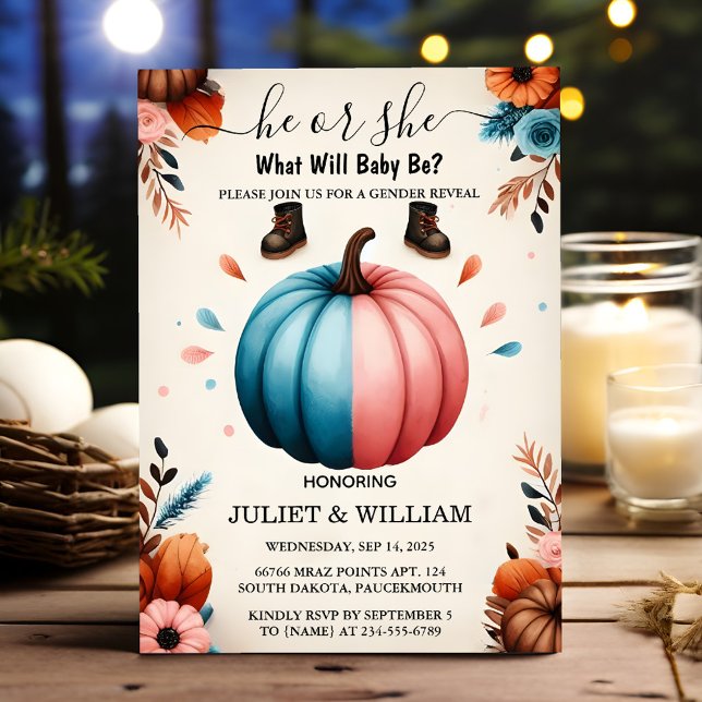 For Farm Pink Blue Fall Girl Pumpkin Gender Reveal Invitation (Creator Uploaded)