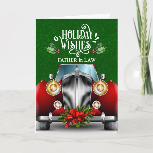 for Father in Law Red Classic Car Christmas Holiday Card (Front)
