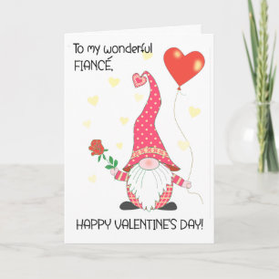 For Fiance Valentine's Cute Gnome with Red Rose Card