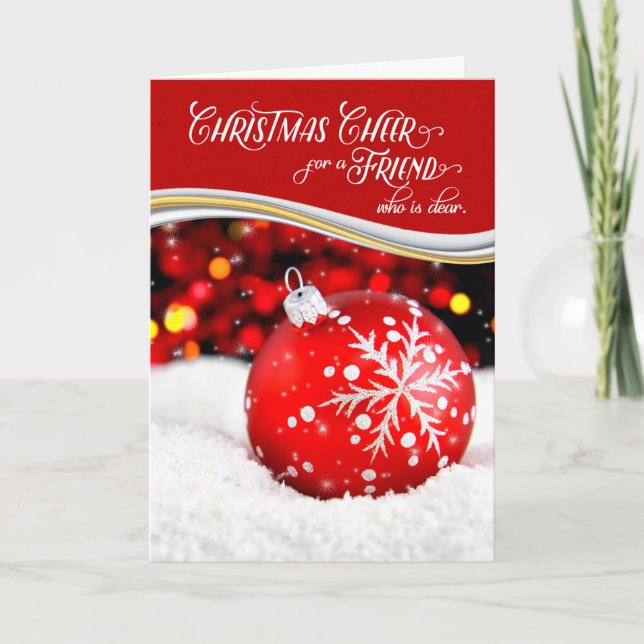 for Friend Christmas Cheer Red Snowflake Ornament Holiday Card (Front)