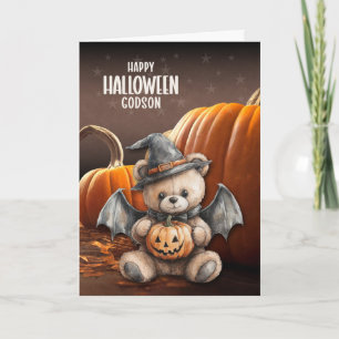 for Godson Teddy Bear Witch and Wings Halloween Holiday Card