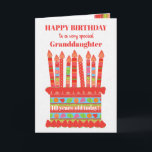 For Granddaughter Custom Age Birthday Cake Card<br><div class="desc">You can add the age to this brightly colored birthday card for your granddaughter, with a strawberry birthday cake. The cake has lots of candles with different patterns and there is a patterned band around the cake with colorful summer fruits - strawberries, raspberries, limes and orange slices. Above the cake,...</div>
