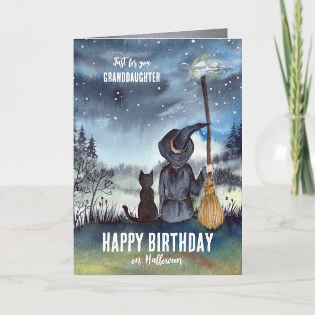 For Granddaughter Halloween Birthday Cat and Witch Card (Front)