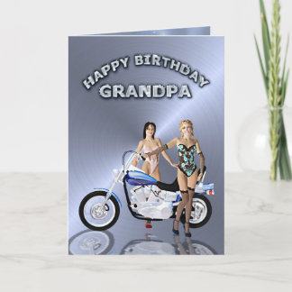 For Grandpa, birthday with girls and a motorcycle Card