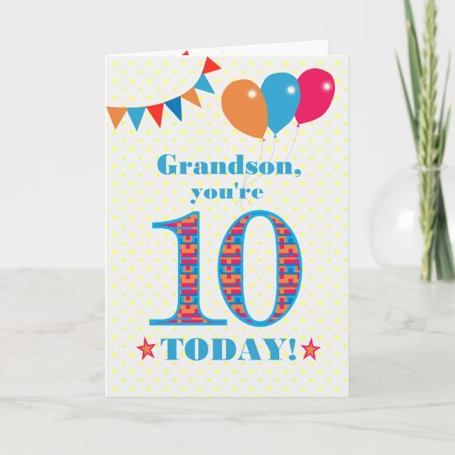 For Grandson 10th Birthday Bunting Balloons Card (Front)
