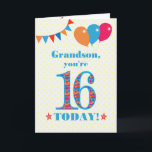 For Grandson 16th Birthday Bunting Balloons Card<br><div class="desc">A colourful birthday card for a 16-year-old grandson, The large number 15 is filled with an orange, red and blue pattern, outlined in bright blue. There are balloons and bunting at the top, in matching colours and the front cover greeting is, 'Grandson, you're 16 today!' in bright red and blue...</div>