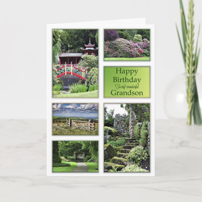For Grandson, a birthday card with garden views (Front)