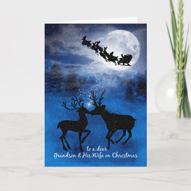 for Grandson and Wife Kissing Reindeer Christmas Holiday Card (Front)