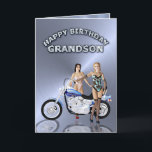 For Grandson, birthday with girls and a motorcycle Card<br><div class="desc">Two lovely ladies standing beside a motorbike. A great card for the man who likes to ride!</div>