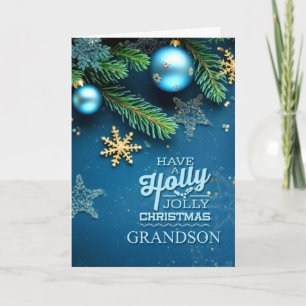 for Grandson Blue Holly Jolly Christmas Ornament Holiday Card