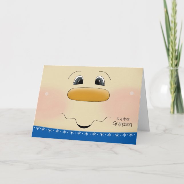 For Grandson Christmas Happy Snowman Face Holiday Card (Front)