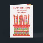 For Grandson Custom Age Birthday Cake Card<br><div class="desc">You can add the age to this brightly colored birthday card for your grandson, with a strawberry birthday cake. The cake has lots of candles with different patterns and there is a patterned band around the cake with colorful summer fruits - strawberries, raspberries, limes and orange slices. Above the cake,...</div>