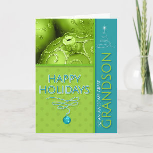 for Grandson Green and Turquoise Modern Holiday Card