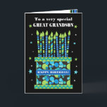 For Great Grandson Birthday Cake with Candles Card<br><div class="desc">A bright birthday card for your great grandson, with lots of patterned candles on a birthday cake. At the top of the front cover, the words, 'To a very special GREAT GRANDSON' are in a white lettering on the black background. There is a blue band around the cake with 'HAPPY...</div>