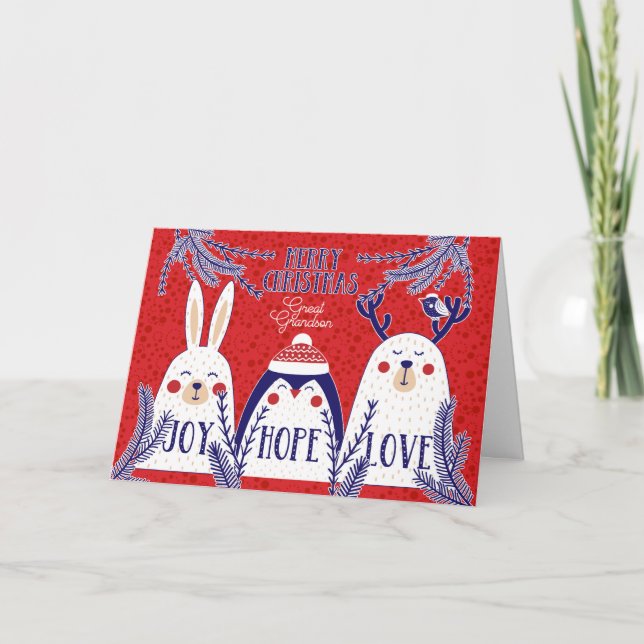 for Great Grandson Christmas Woodland Creatures Holiday Card (Front)