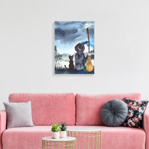 For Halloween Black Cat and The Witch Starry Night Canvas Print