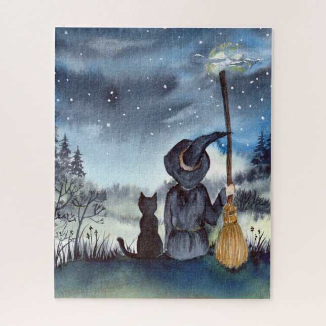For Halloween Black Cat and The Witch Starry Night Jigsaw Puzzle (Vertical)