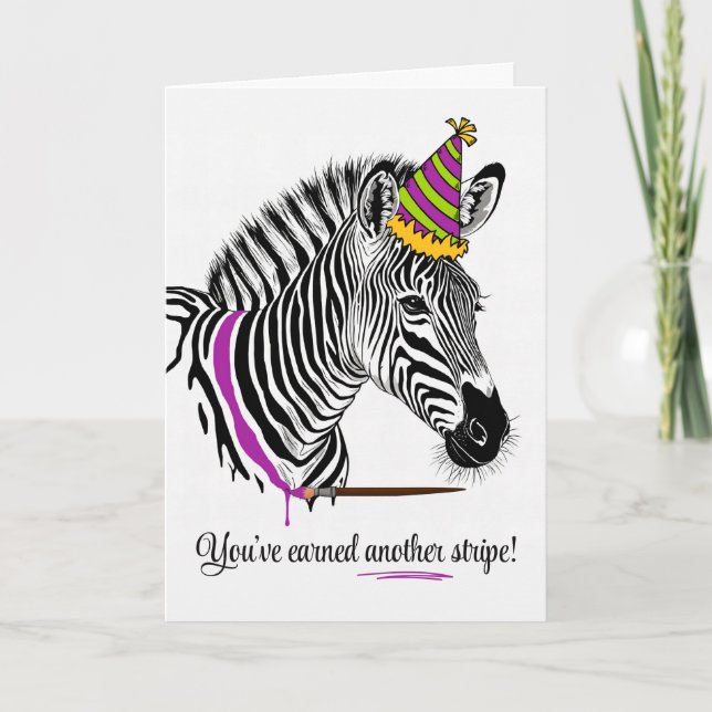 For Her Birthday Zebra in Party Hat Painted Line Card (Front)