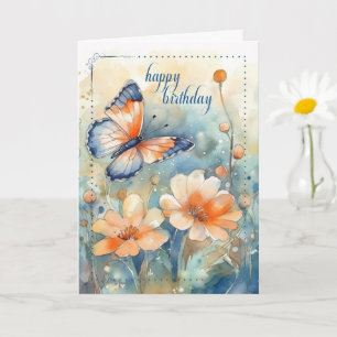 for Her Butterfly and Flowers Peach Blue Birthday Card