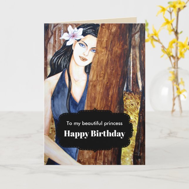 For Her on Birthday Girl in the Forest Painting Card (Yellow Flower)