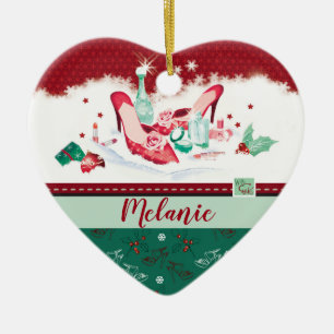 For Her, Red Shoes & Perfume Christmas Heart shape Ceramic Ornament