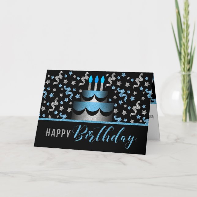 for Him Birthday Cake Blue and Silver Faux Glitter Card (Front)