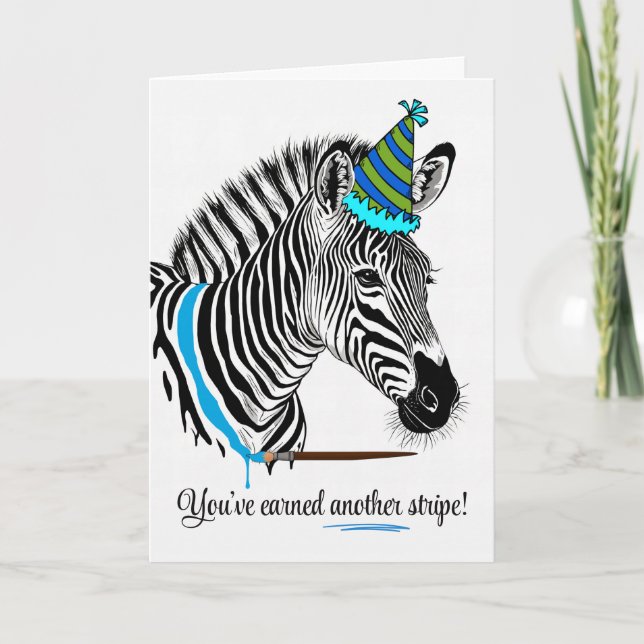 For Him Birthday Zebra in Party Hat Painted Line Card (Front)