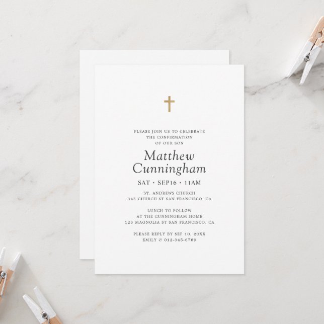 For Him Faux Gold Cross Minimalist Confirmation Invitation (Front/Back In Situ)