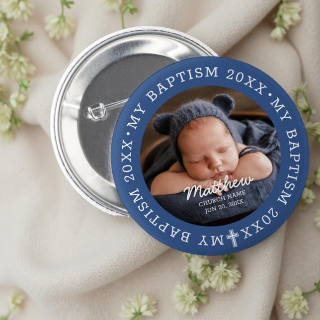 For Him Holy Baptism Modern Simple Cross Photo 2 Inch Round Button (Creator Uploaded)