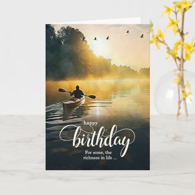 For Him on His Birthday Rowing Kayak on Lake Card (Yellow Flower)