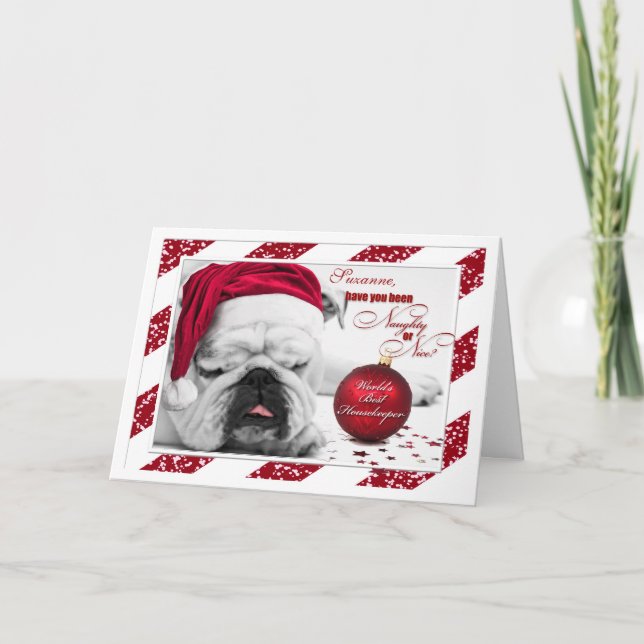 for Housekeeper at Christmas Bulldog Santa Hat Holiday Card (Front)