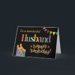 For Husband Chic Candles, Bunting Birthday Card<br><div class="desc">A bright and colorful Birthday card for a Husband,  with Birthday Cake Candles,  Bunting and Stars and the word,  'Husband' in patterned lettering,  outlined in gold-effect (not metallic ink) and Happy Birthday,  also in gold-effect,  all on a black background. A digital design by Judy Adamson.</div>