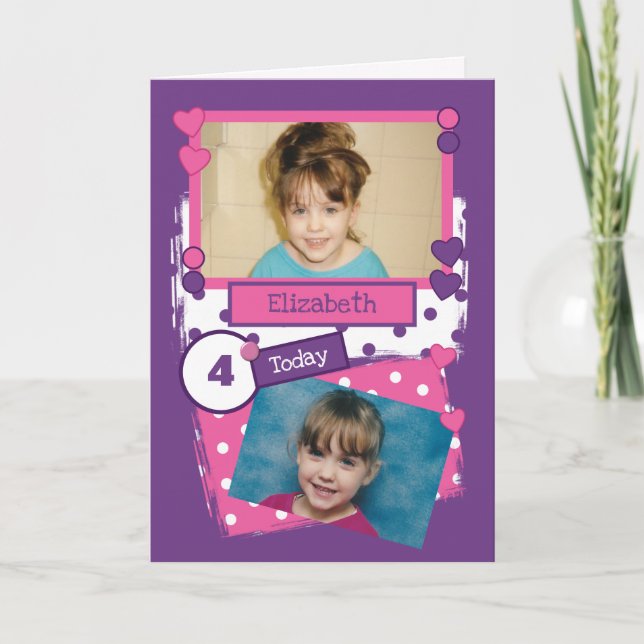 For kids purple pink polka dots any age photos card (Front)