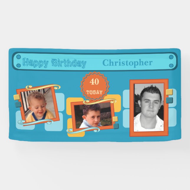 For men 40th add photos name blue party banner (Horizontal)