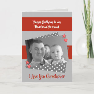 For men Husband red & grey Birthday photo greeting Card