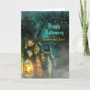 for Niece Witch and Cat Halloween Holiday Card