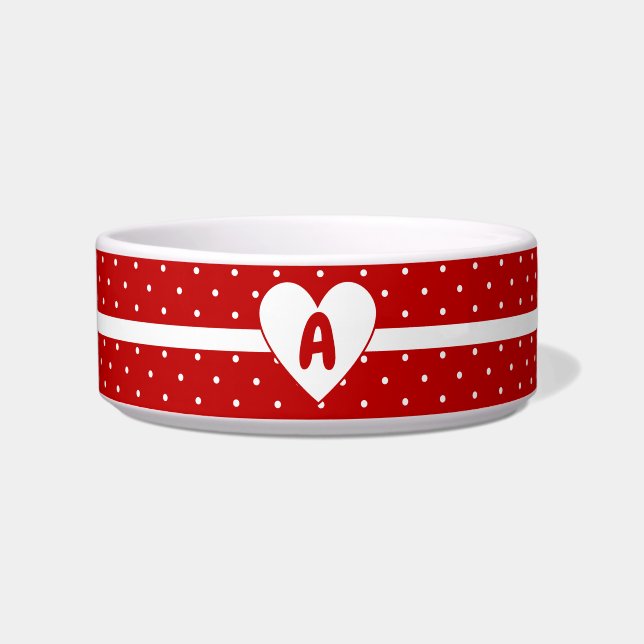 For Pet Polka Dot Red White Background Monogram Bowl (Front)