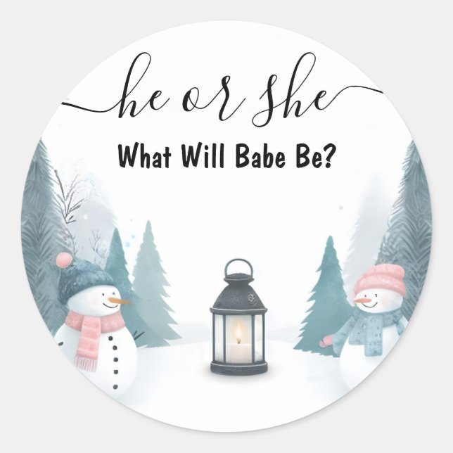 For Rustic Snow Cold Ice Cozy Winter Gender Reveal Classic Round Sticker (Front)