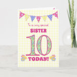 For Sister 10th Birthday Primroses Bunting Card<br><div class="desc">A pretty 10th Birthday card for your sister, with polka dot bunting, primrose flowers and numbers filled with a primrose pattern, all on a pale yellow check gingham background. The front cover message is, 'To a very special SISTER 10 TODAY!' The inside message is just a suggestion and you can...</div>