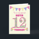 For Sister 12th Birthday Primroses Bunting Card<br><div class="desc">A pretty 12th Birthday card for your sister, with polka dot bunting, primrose flowers and numbers filled with a primrose pattern, all on a pale yellow check gingham background. The front cover message is, 'To a very special SISTER 12 TODAY!' The inside message is just a suggestion and you can...</div>