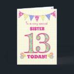 For Sister 13th Birthday Primroses Bunting Card<br><div class="desc">A pretty 13th Birthday card for your sister, with polka dot bunting, primrose flowers and numbers filled with a primrose pattern, all on a pale yellow check gingham background. The front cover message is, 'To a very special SISTER 13 TODAY!' The inside message is just a suggestion and you can...</div>