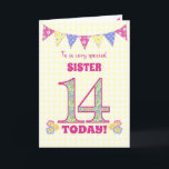 For Sister 14th Birthday Primroses Bunting Card<br><div class="desc">A pretty 14th Birthday card for your sister, with polka dot bunting, primrose flowers and numbers filled with a primrose pattern, all on a pale yellow check gingham background. The front cover message is, 'To a very special SISTER 14 TODAY!' The inside message is just a suggestion and you can...</div>