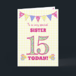 For Sister 15th Birthday Primroses Bunting Card<br><div class="desc">A pretty 15th Birthday card for your sister, with polka dot bunting, primrose flowers and numbers filled with a primrose pattern, all on a pale yellow check gingham background. The front cover message is, 'To a very special SISTER 15 TODAY!' The inside message is just a suggestion and you can...</div>