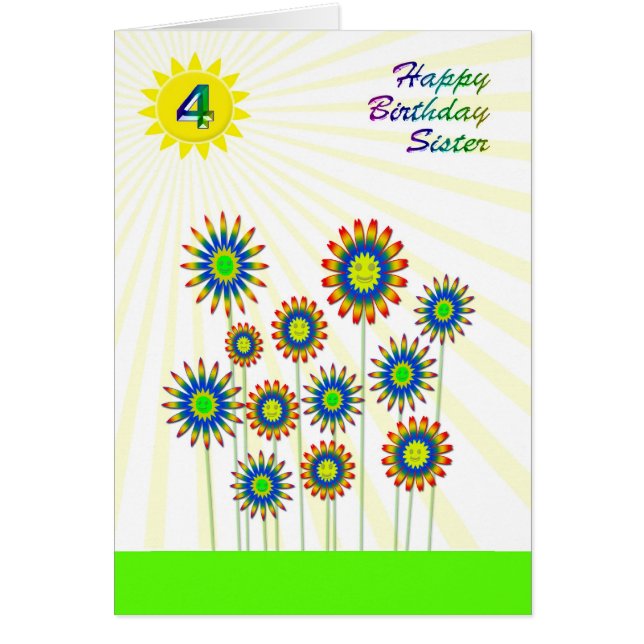 For sister age 4, a happy flowers card (Front)