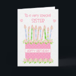 For Sister Birthday Cake Hearts and Roses Card<br><div class="desc">A very pretty birthday card for your sister with a pink birthday cake with lots of patterned candles. The cake is pink, with a polka dot pattern and decorated with clusters of pink, Albertine roses, painted by hand in watercolour. 'Happy Birthday!' is written in matching pink on a white band...</div>